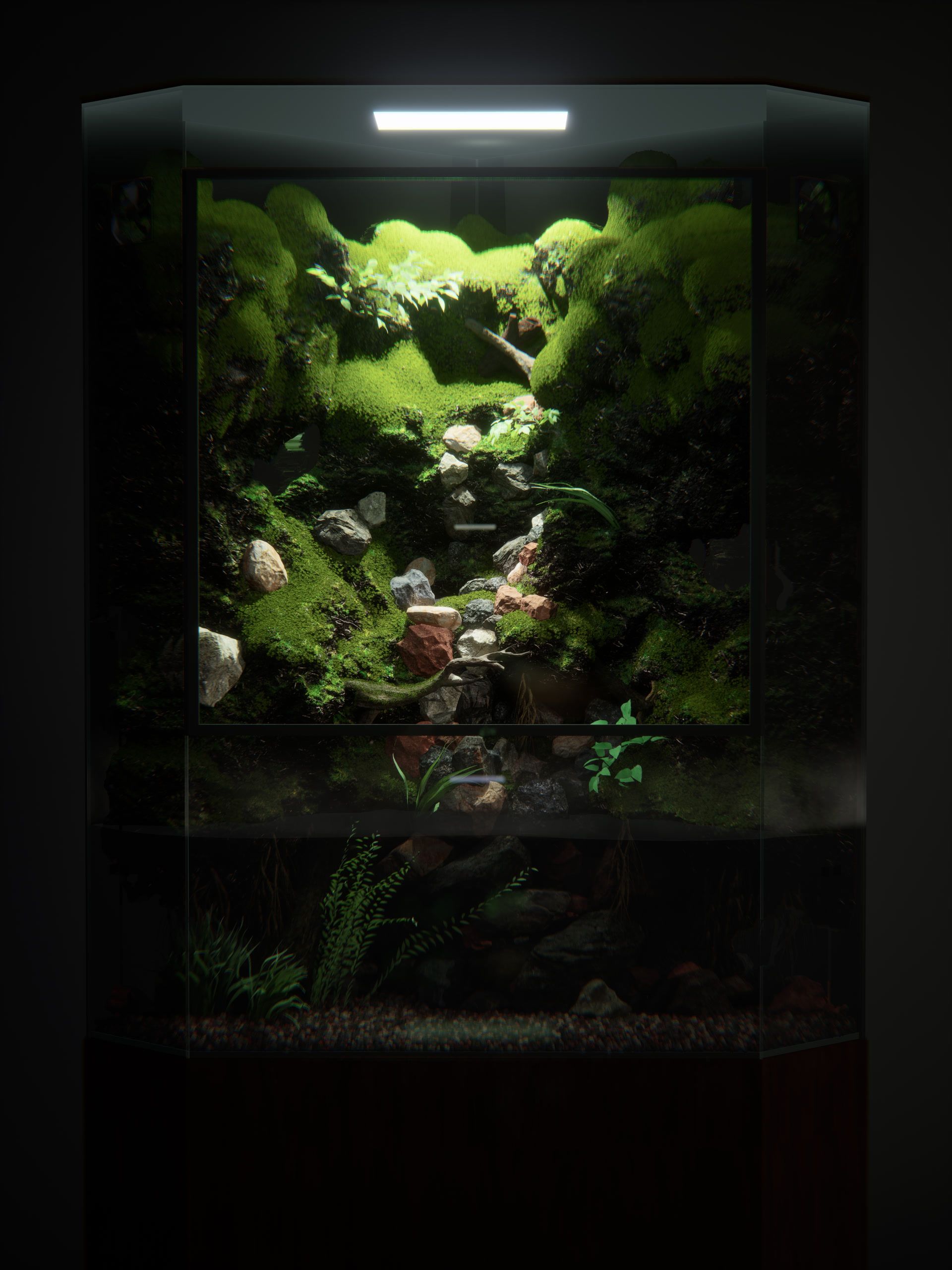 Rendered procedural paludarium ecosystem inside a glass water tank.